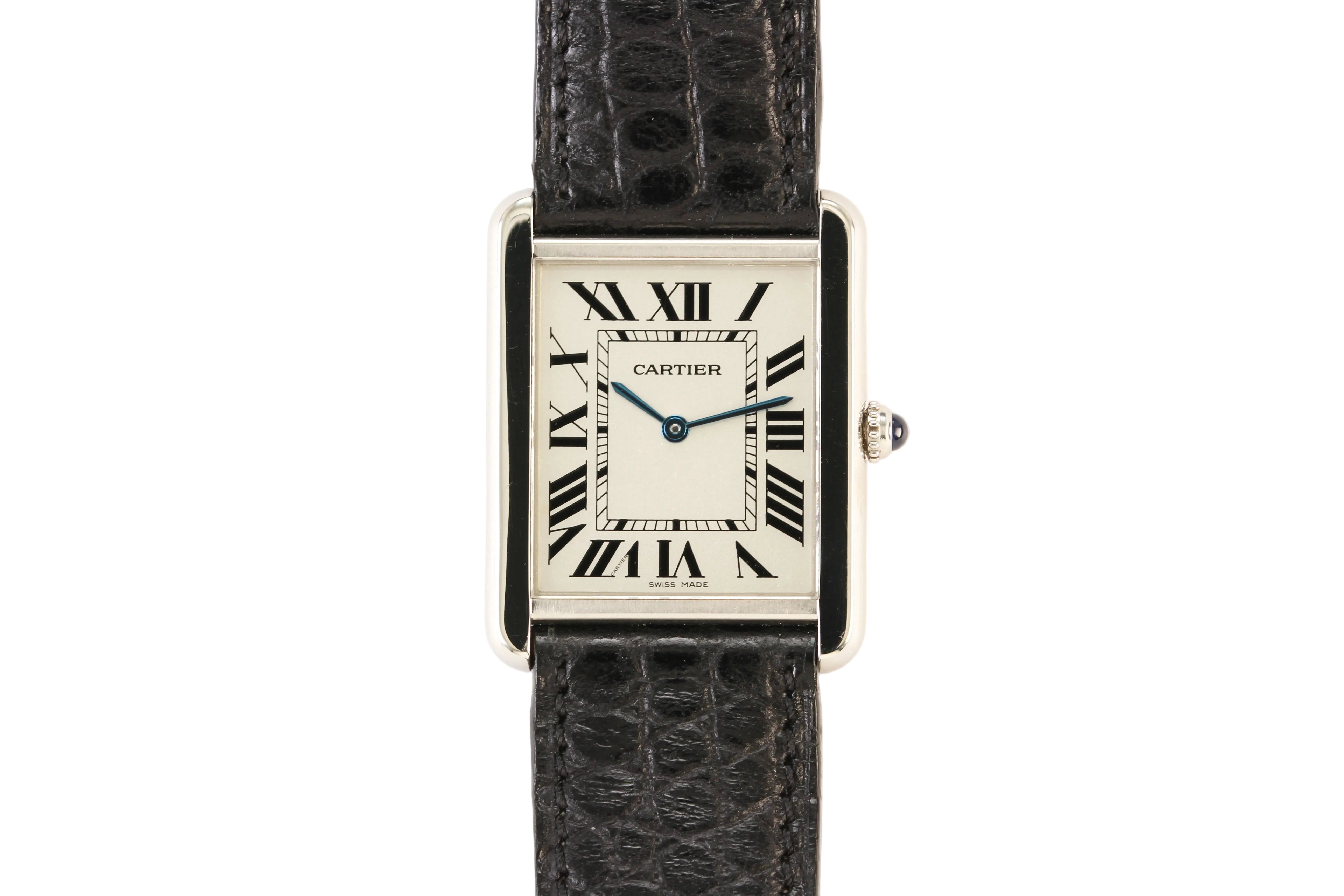Cartier watch with black strap on a white background