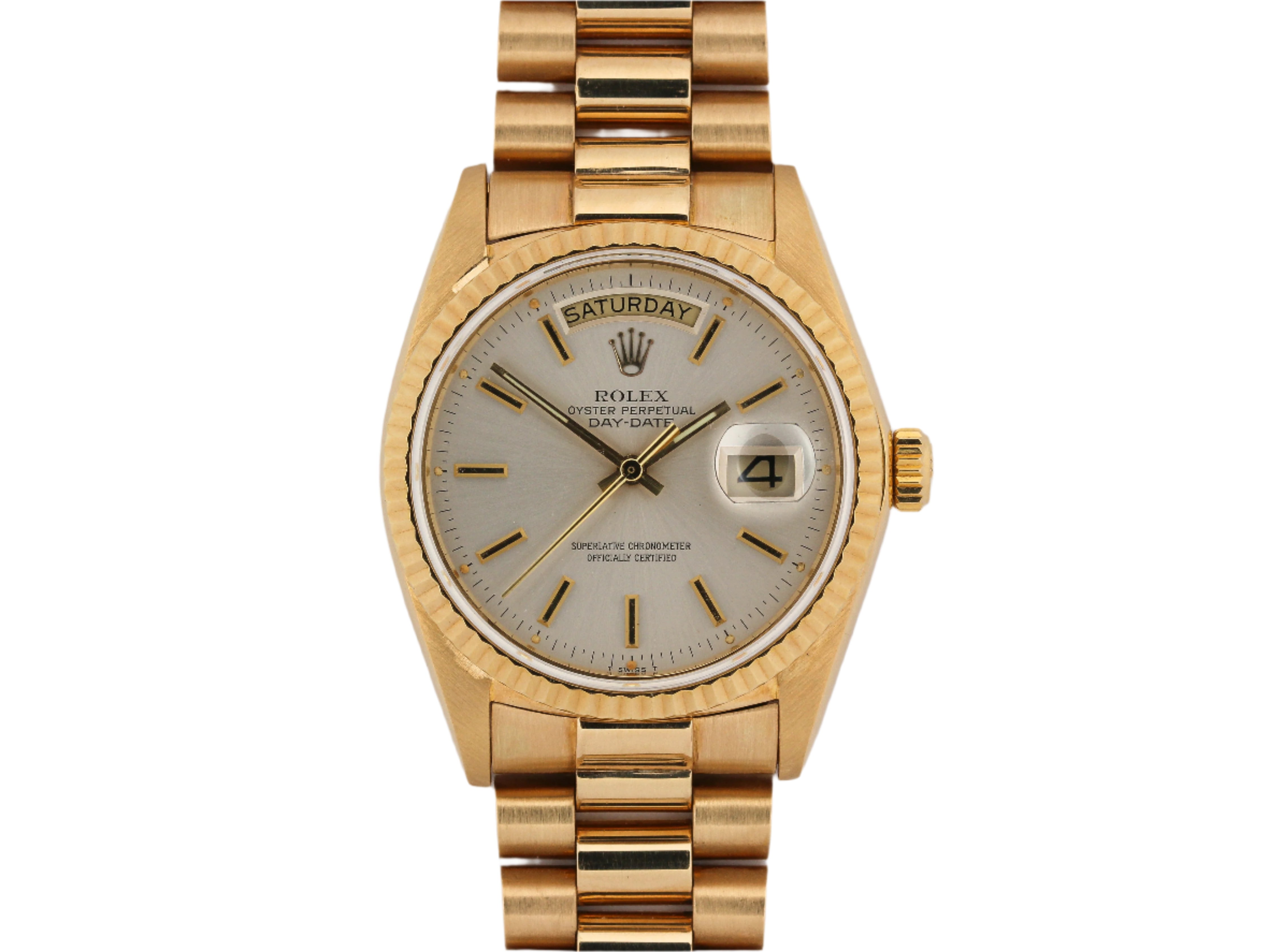 Rolex Day-Date 18038 with Silver Dial in Yellow Gold with Hidden Clasp Bracelet