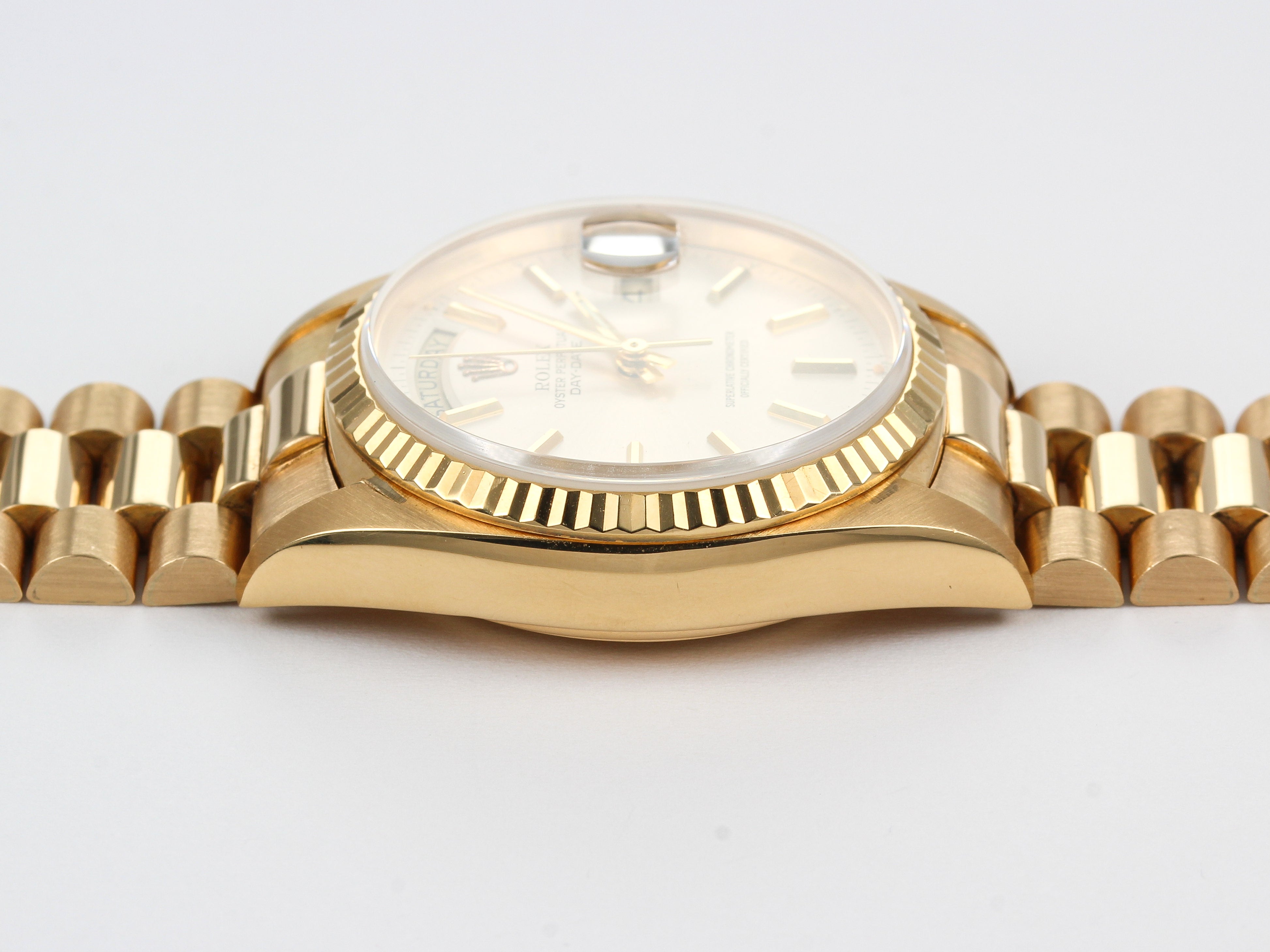 Rolex Day-Date 18038 with Silver Dial in Yellow Gold with Hidden Clasp Bracelet