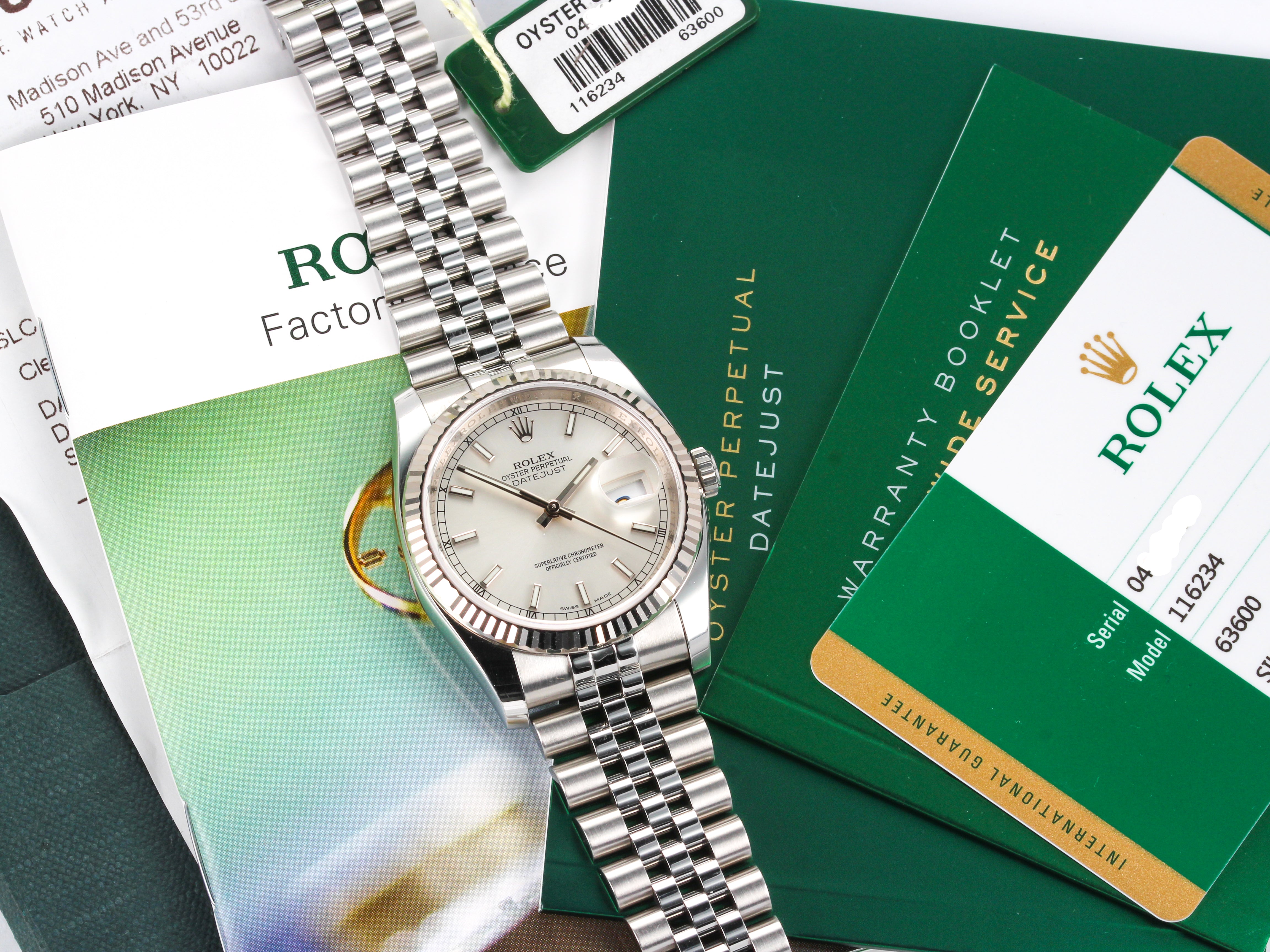 Rolex Datejust 116234 Silver Stick Dial on Jubilee Hidden Clasp Bracelet with Papers