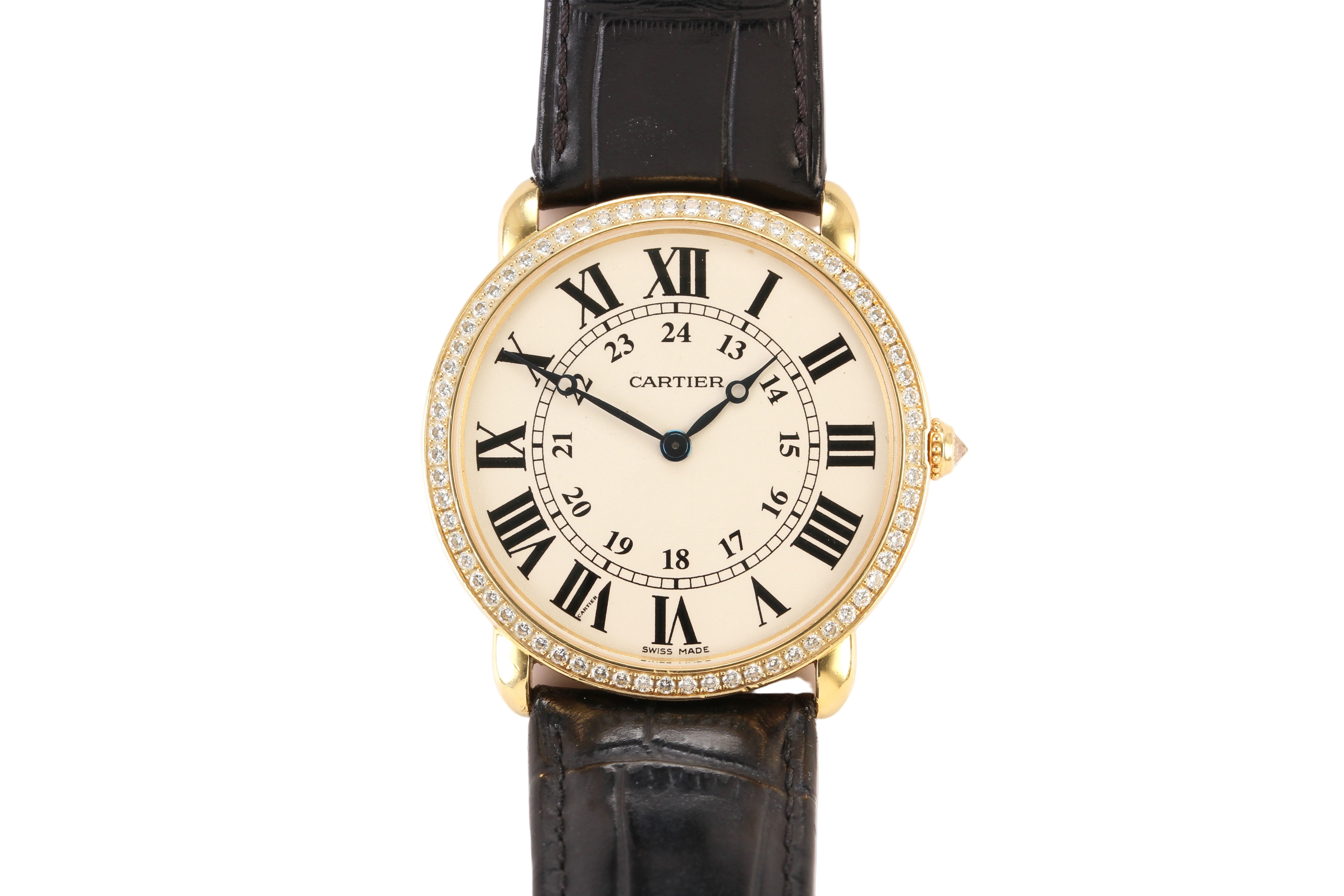 Cartier watch with black leather strap and diamond-studded face on a white background