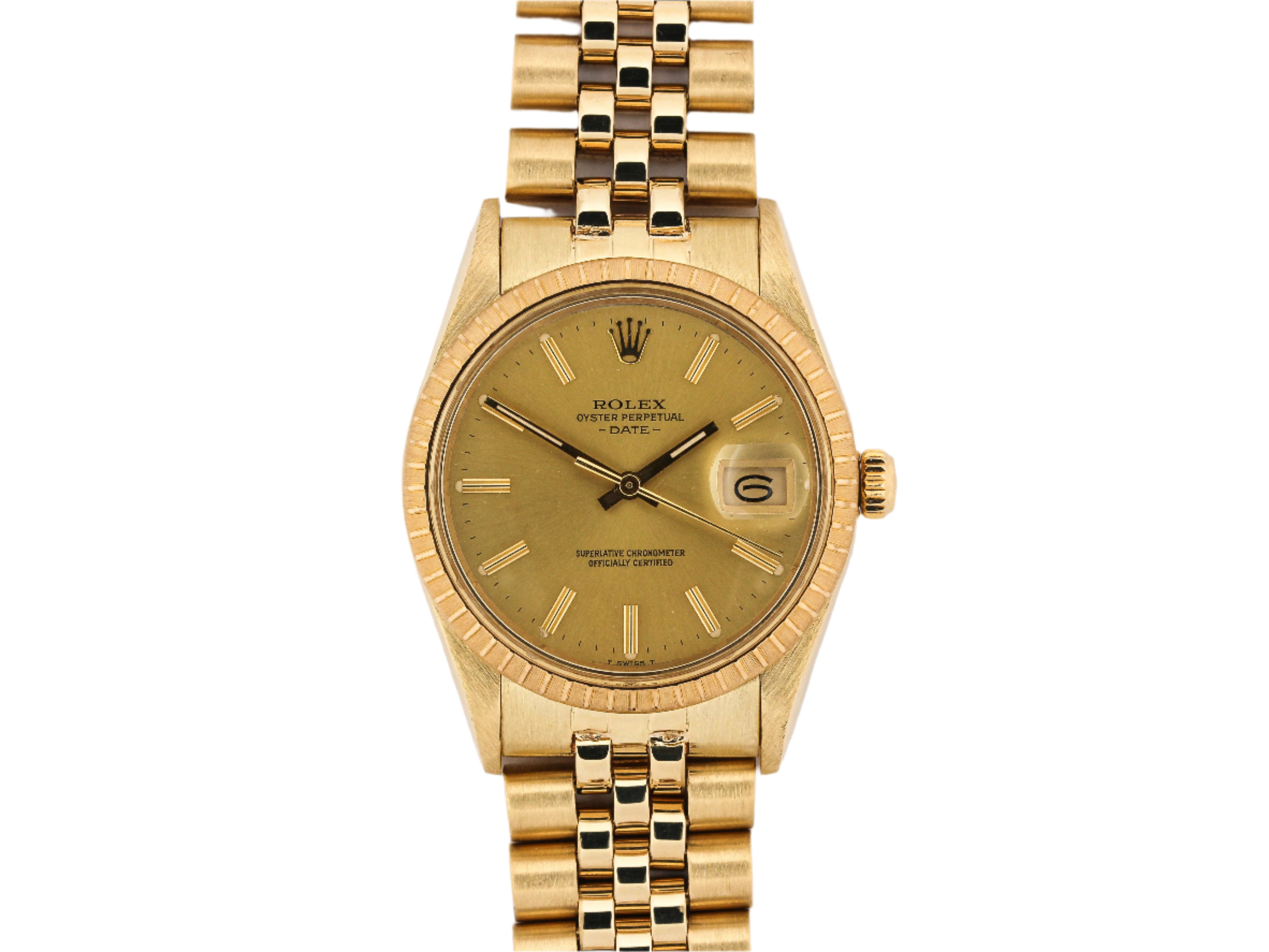 Rolex Date 15000 Champagne Dial in 14K Yellow Gold Case and Jubilee Bracelet
