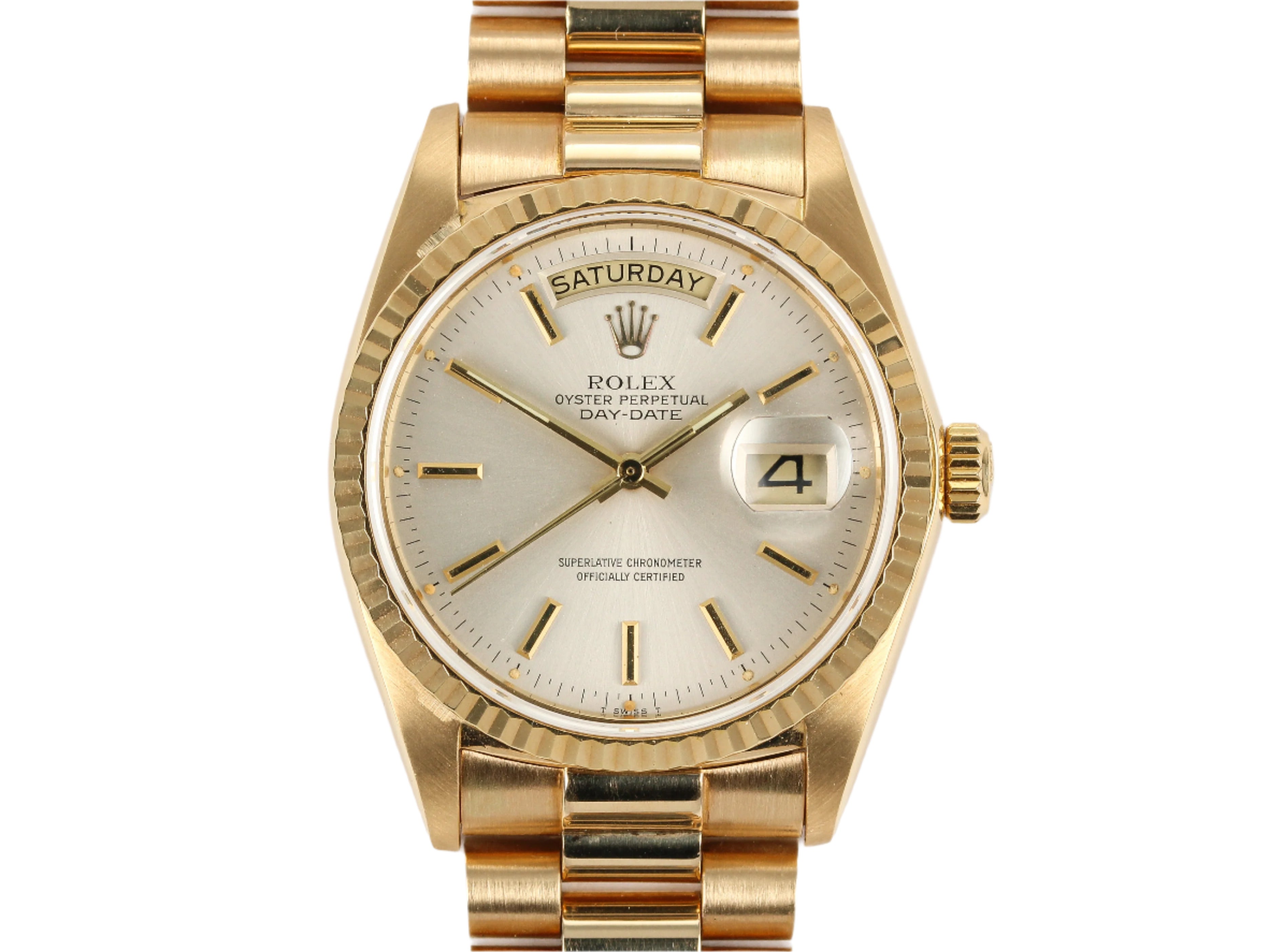 Rolex Day-Date 18038 with Silver Dial in Yellow Gold with Hidden Clasp Bracelet