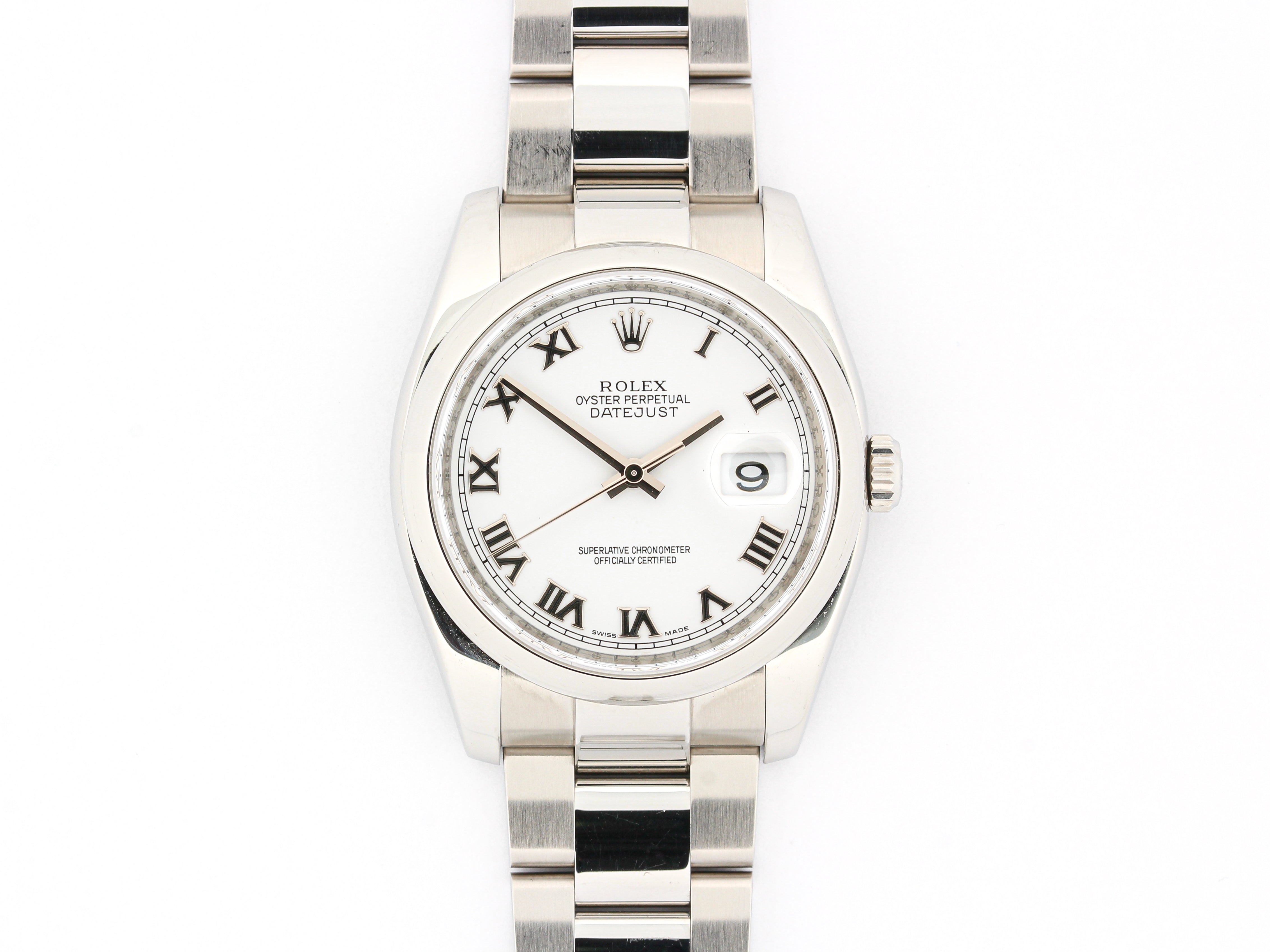 Rolex Datejust 116200 Smooth Bezel with White Roman Numeral Dial on Oyster Bracelet with Papers