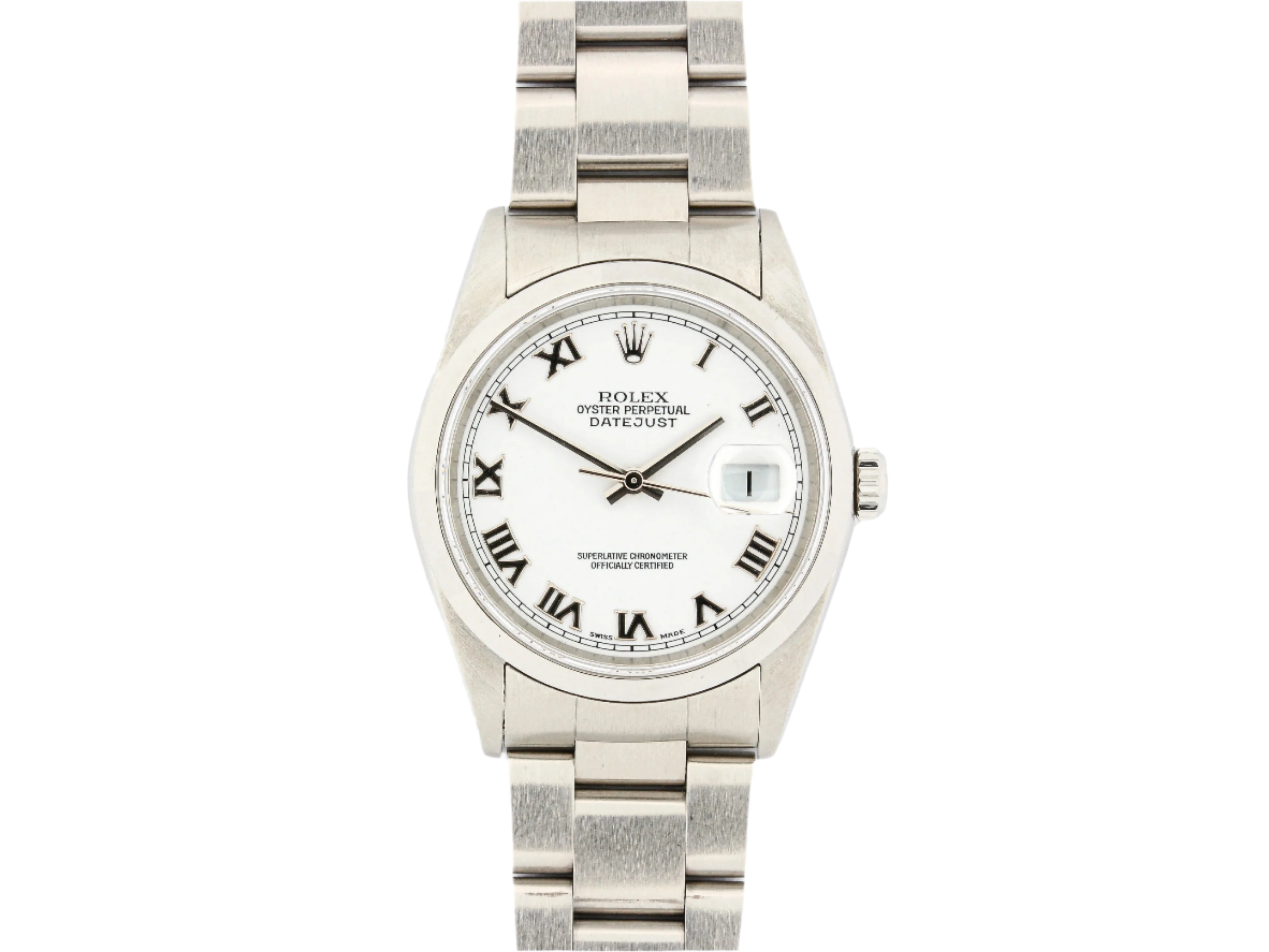 Rolex Datejust 16200 Smooth Bezel with White Roman Numeral Dial on Oyster Bracelet